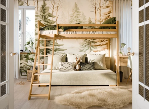 SOFINO 90x200/140x200 furu loftsäng med utdragbar sofa tyg beige Poso 38 Lano Möbler