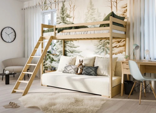 SOFINO 90x200/140x200 furu loftsäng med utdragbar sofa tyg beige Poso 38 Lano Möbler