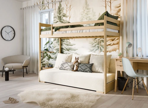 SOFINO 90x200/140x200 furu loftsäng med utdragbar sofa tyg beige Poso 38 Lano Möbler