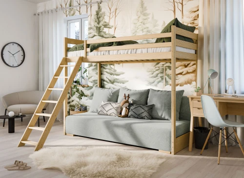 SOFINO 90x200/140x200 furu loftsäng med utdragbar sofa tyg grå Zoom 15 Sage Lano Möbler