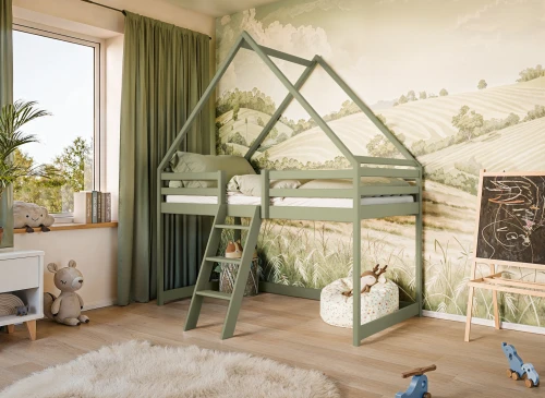 MOON 80x180 olive green single children's house high sleeper bed Lano Furniture