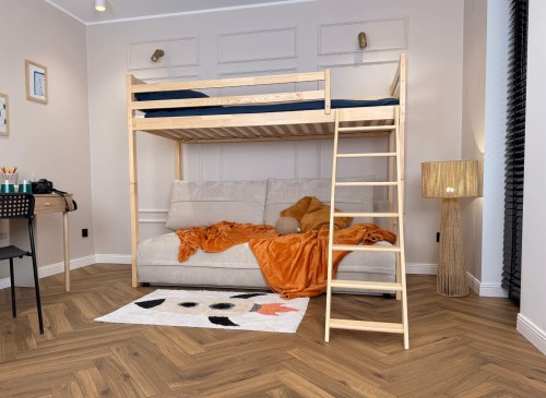 SAVIO 90x200/140x200 blå loftsäng med utdragbar sofa tyg beige perfect harmony 02 Lano Möbler