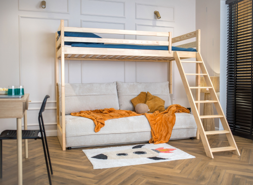 SAVIO 90x200/140x200 furu loftsäng med utdragbar sofa tyg beige perfect harmony 02 Lano Möbler