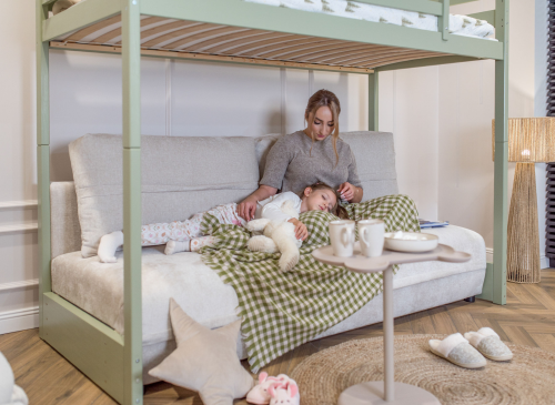 SAVIO 90x200/140x200 olive green loft bed with fold-out sofa, beige perfect harmony 02 fabric Lano Furniture