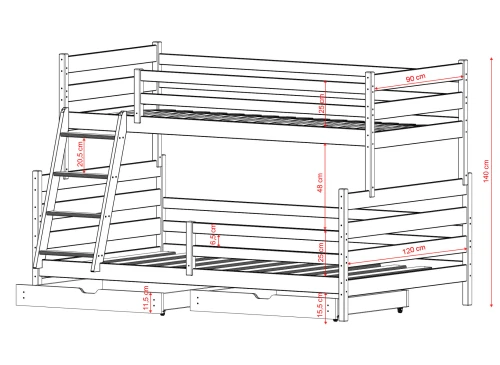 FAMI 90x200/120x200 rosa våningssäng med bred sovplats Lano Möbler