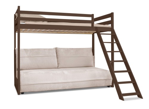 SAVIO 90x200/140x200 mörkchoklad loftsäng med utdragbar sofa tyg beige perfect harmony 02 Lano Möbler