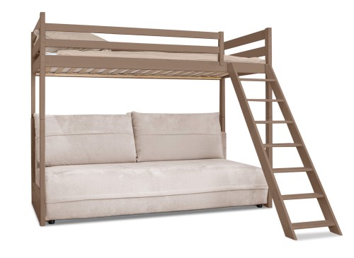 SAVIO 90x200/140x200 mjölkchoklad loftsäng med utdragbar sofa tyg beige perfect harmony 02 Lano Möbler