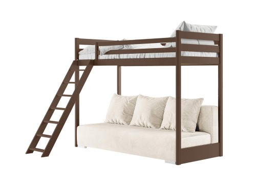 SOFINO 90x200/140x200 mörkchoklad loftsäng med utdragbar soffa tyg beige Poso 38 Lano Möbler