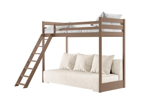 SOFINO 90x200/140x200 mjölkchoklad loftsäng med utdragbar soffa tyg beige Poso 38 Lano Möbler