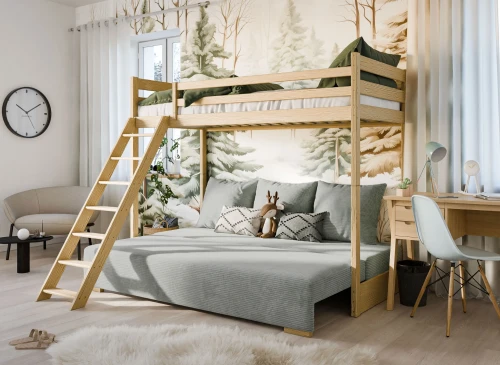 SOFINO 90x200/140x200 obehandlat trä loftsäng med utdragbar sofa tyg grå Zoom 15 Sage Lano Möbler