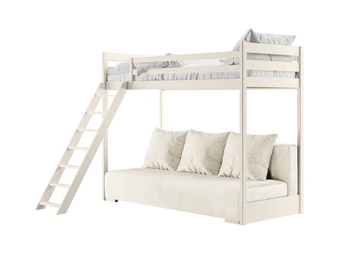 SOFINO 90x200/140x200 bomull loftsäng vit med bäddsoffa beige tyg poso 38 Lano Möbler