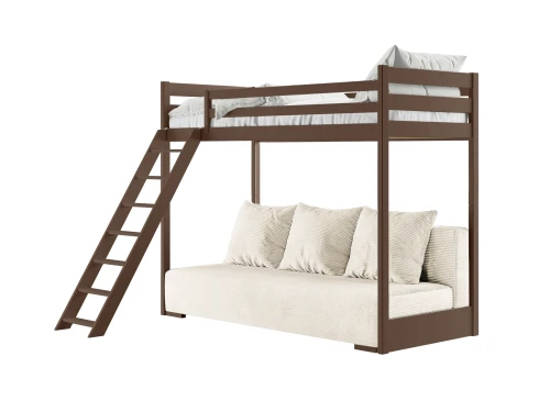 SOFINO 90x200/140x200 mörkchoklad loftsäng med utdragbar soffa tyg beige Poso 38 Lano Möbler