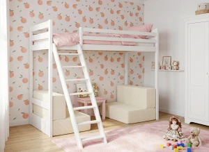 SOFENA 90X200 vit loftsäng med modulsoffa tyg beige Poso 38 Lano Möbler