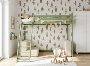 SOFENA 90X200 olivgrön loftsäng med modulsoffa tyg beige Poso 38 Lano Möbler