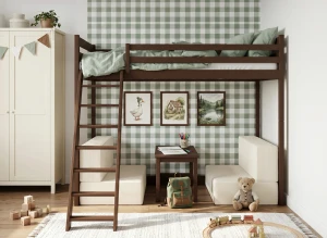 SOFENA 90X200 mörkchoklad loftsäng med modulsoffa tyg beige Poso 38 Lano Möbler