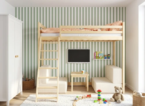 SOFENA 90X200 obehandlat trä loftsäng med modulsoffa tyg beige Poso 38 Lano Möbler