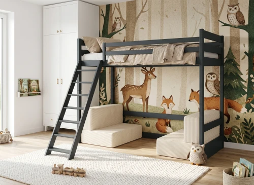 SOFENA 90X200 grafitgrå loftsäng med modulsoffa tyg beige Poso 38 Lano Möbler