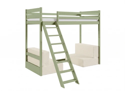 SOFENA 90X200 olivgrön loftsäng med modulsoffa tyg beige Poso 38 Lano Möbler