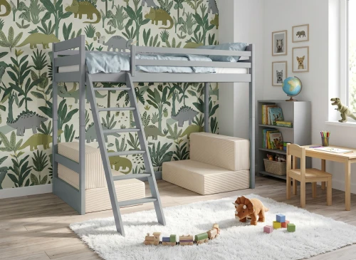SOFENA 90X200 askgrå loftsäng med modulsoffa tyg beige Poso 38 Lano Möbler