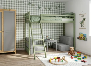 SOFENA 90X200 olivgrön loftsäng med modulsoffa tyg grå zoom 15 sage Lano Møbler