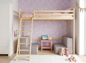 SOFENA 90X200 obehandlat trä Etagebed med modulsoffa sofa tyg ljusgrå dove 19 Lano Møbler