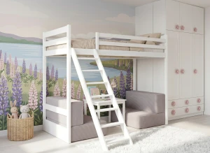 SOFENA 90X200 vit loftsäng med modulsoffa tyg ljusgrå dove 19 Lano Möbler