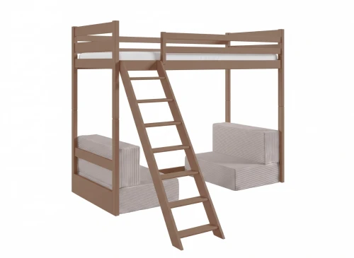 SOFENA 90X200 mjölkchoklad loftsäng med modulsoffa tyg ljusgrå dove 19 Lano Möbler