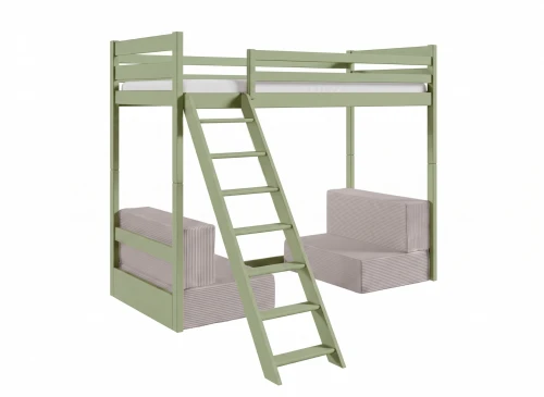 SOFENA 90X200 olivgrön loftsäng med modulsoffa tyg ljusgrå dove 19 Lano Möbler