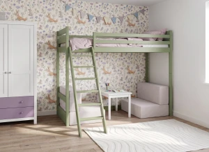 SOFENA 90X200 olivgrön loftsäng med modulsoffa tyg ljusgrå dove 19 Lano Möbler