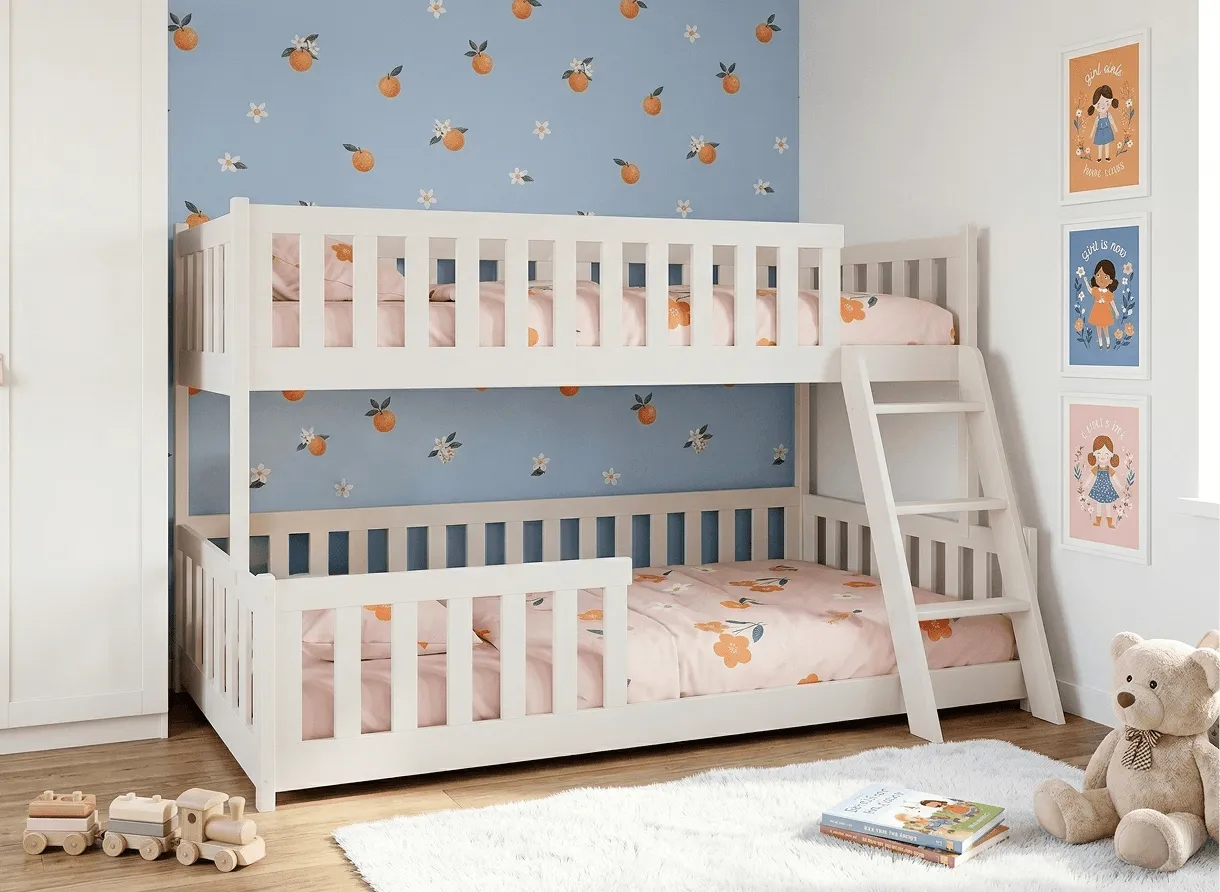 LANO NICE cotton bunk bed with ladder and safety rail in a cozy room with blue fruit wallpaper.